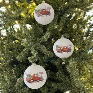 White with Red Farm Truck Snowy Scene Plastic Ball Christmas Ornaments